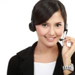 Young beautiful woman call with headset on white background