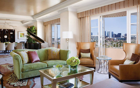 A suite and its living area at the Four Seasons Beverly Hills Los Angeles
