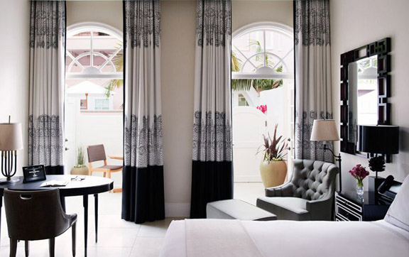 The bedroom of the Deluxe Suite with a Patio at the Belair Hotel, Los Angeles, USA