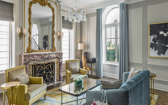 A photograph of the Hardenberg Suite living room at The Plaza Hotel, New York, USA