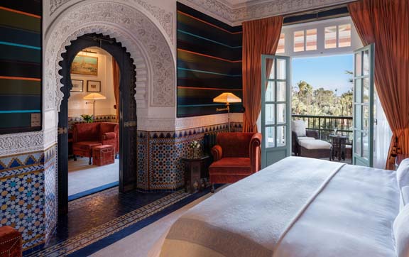 Bedroom, Majorelle Suite, Room 380.  La Mamounia Hotel, Marrakech, Morocco. Photo by Alan Keohane www.still-images.net for La Mamounia