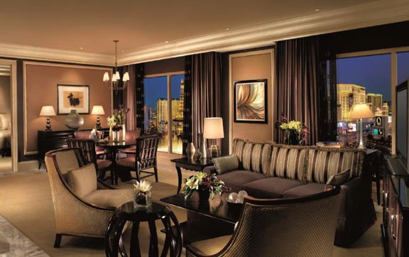 Living room inside a suite at the Bellagio Las Vegas.