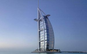 The famous 7 star hotel Burj Al Arab's exterior.