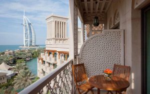 An image of the view of the sister resort of Madinat Jumierah Al Qasr, Dubai Burj Al Arab from the balcony of one of their suites.